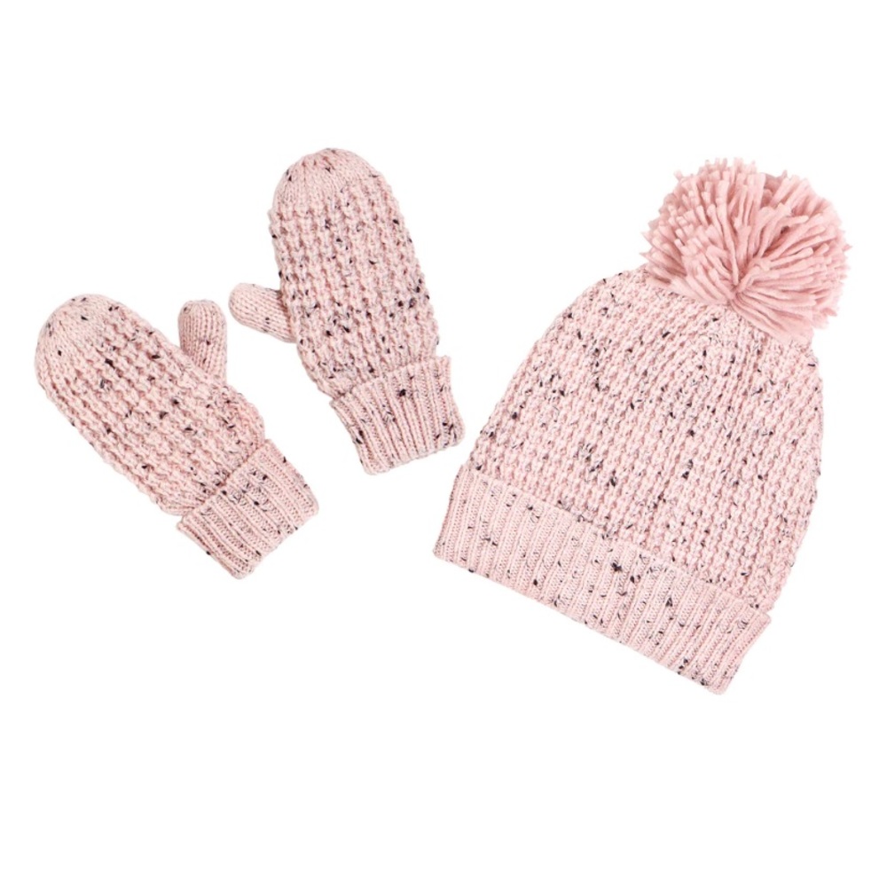 Miles Baby Pink Waffle Knit Hat and Mitten set